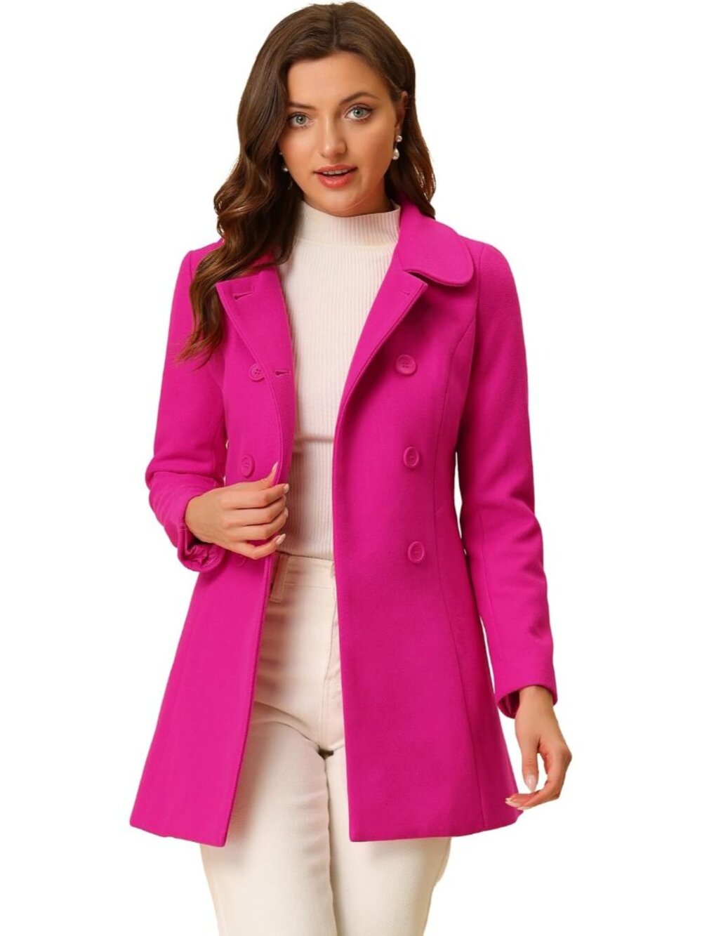 Women Hot Pink Fully lined Peter Pan Collar Double Breasted Long Trench Pea Coat